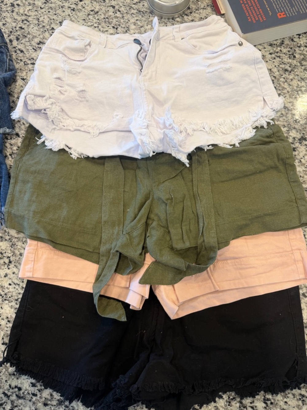 Stack of Women's Casual Shorts - White, Olive Green, Peach, Black